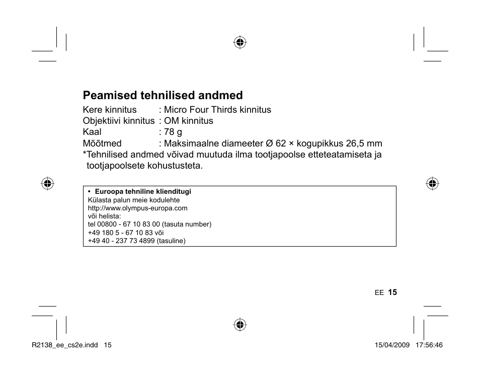 Peamised tehnilised andmed | Olympus MF-2 User Manual | Page 13 / 66