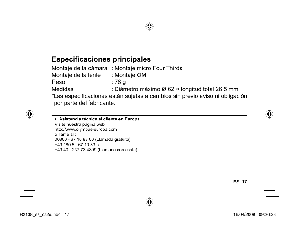 Especificaciones principales | Olympus MF-2 User Manual | Page 15 / 66