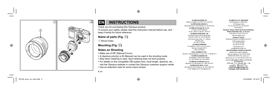 Instructions, 1mount index | Olympus MF-2 User Manual | Page 2 / 66