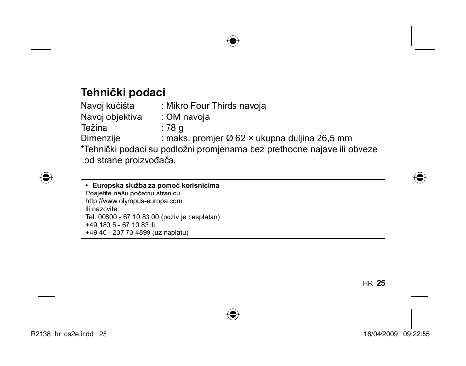 Tehnički podaci | Olympus MF-2 User Manual | Page 23 / 66