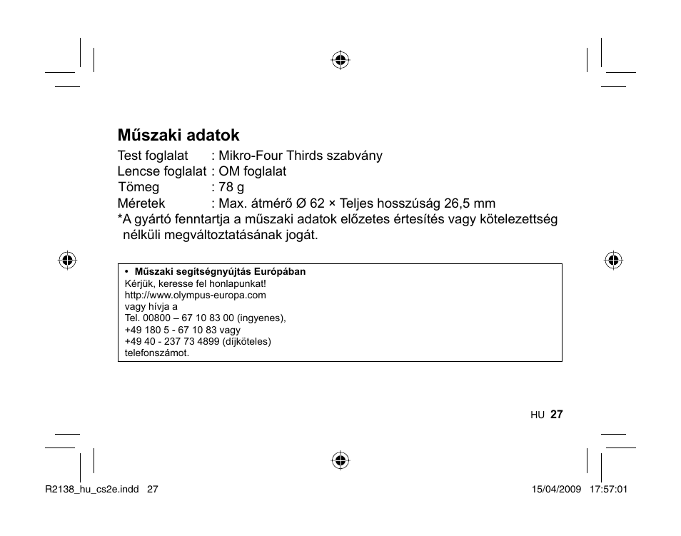 Műszaki adatok | Olympus MF-2 User Manual | Page 25 / 66