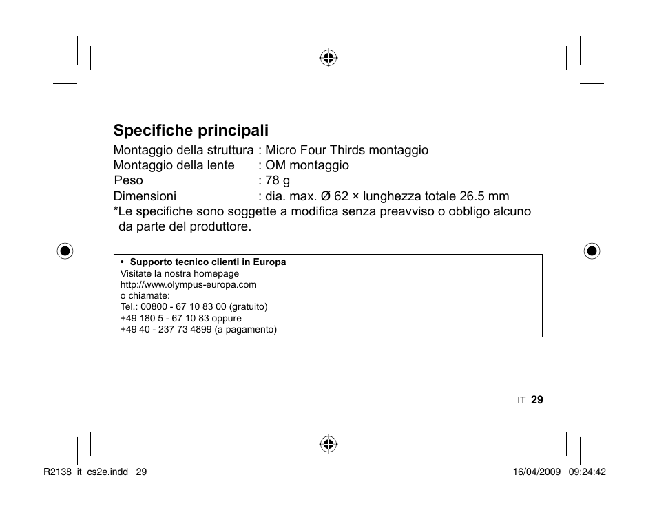 Specifiche principali | Olympus MF-2 User Manual | Page 27 / 66