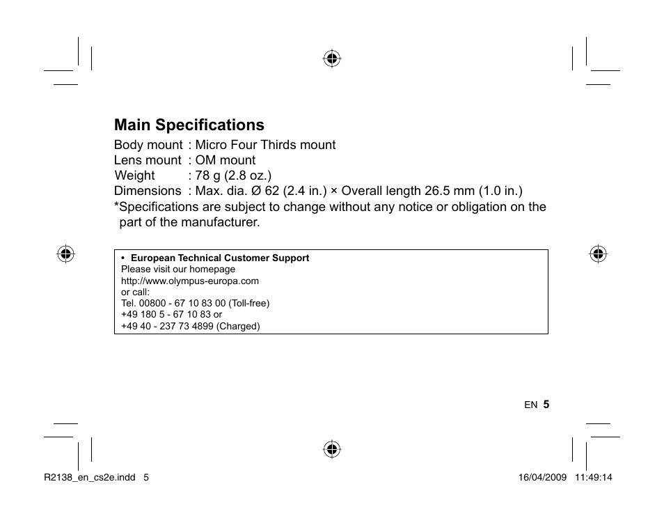Main specifications | Olympus MF-2 User Manual | Page 3 / 66
