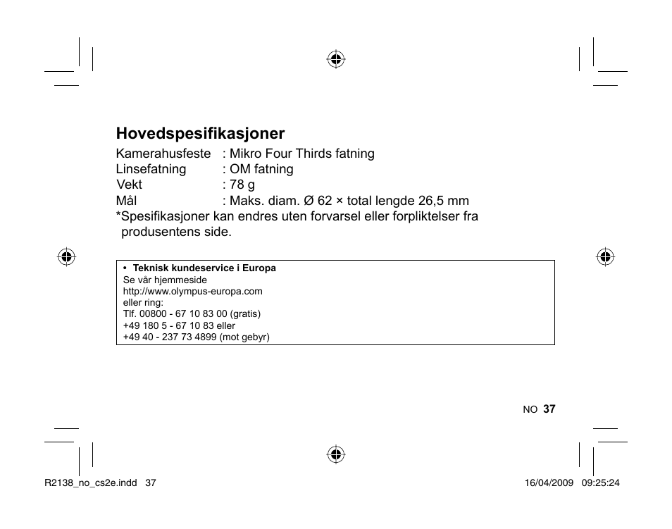 Hovedspesifikasjoner | Olympus MF-2 User Manual | Page 35 / 66