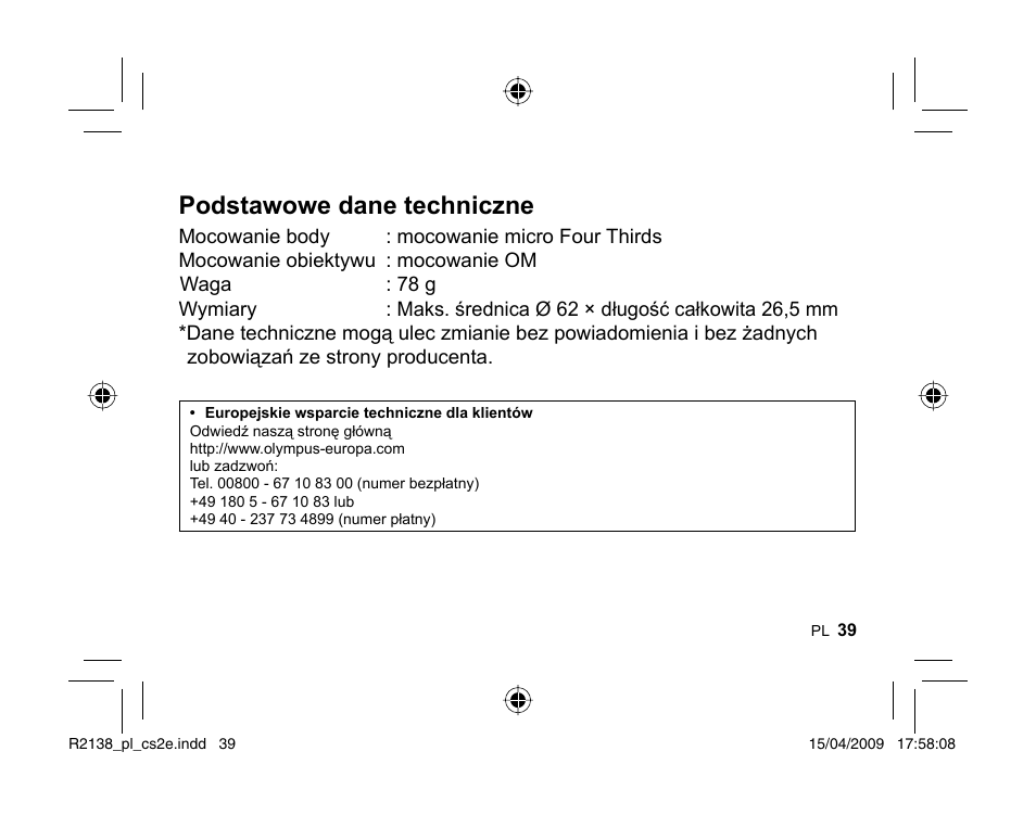 Podstawowe dane techniczne | Olympus MF-2 User Manual | Page 37 / 66