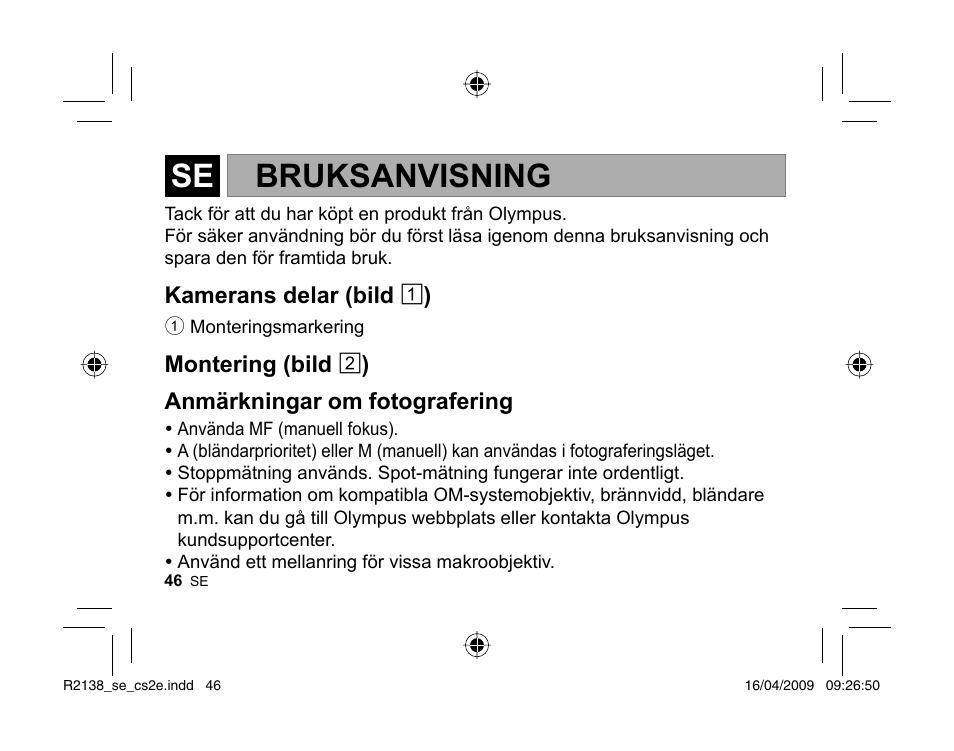 Bruksanvisning | Olympus MF-2 User Manual | Page 44 / 66