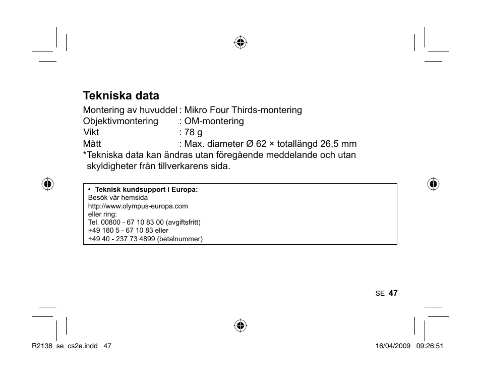 Tekniska data | Olympus MF-2 User Manual | Page 45 / 66