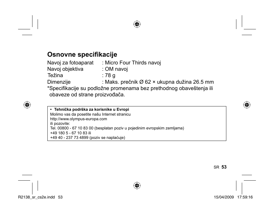 Osnovne specifikacije | Olympus MF-2 User Manual | Page 51 / 66