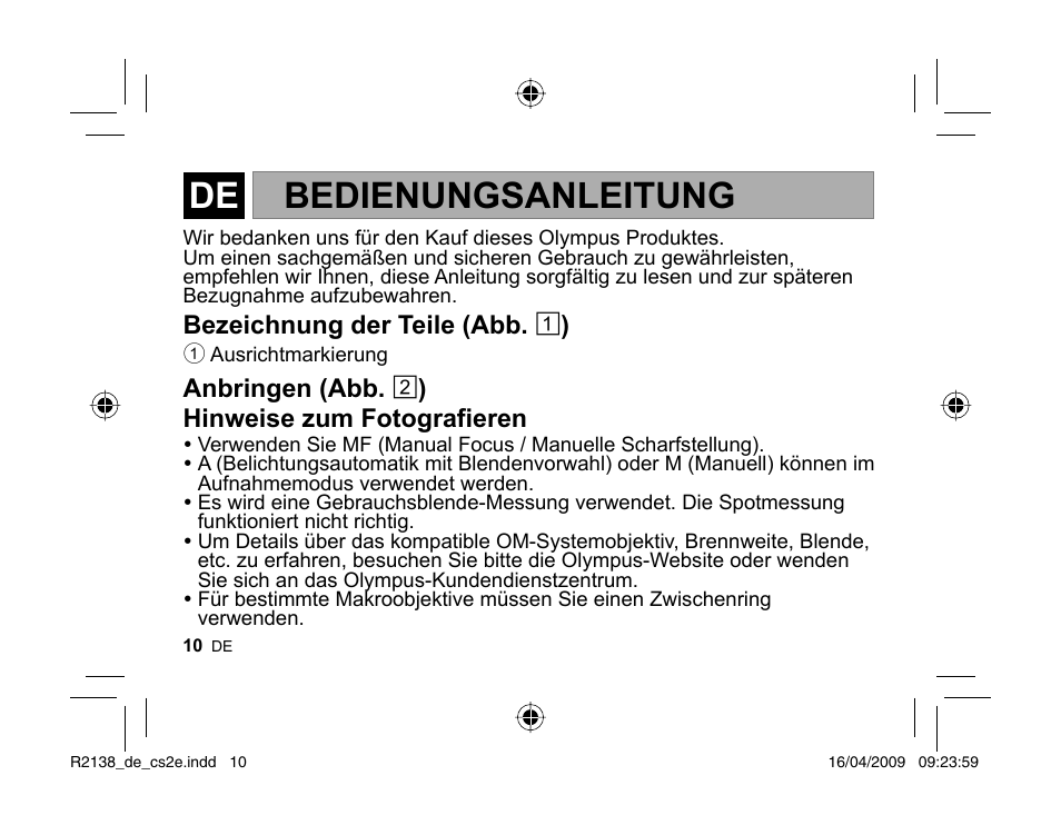 Bedienungsanleitung | Olympus MF-2 User Manual | Page 8 / 66
