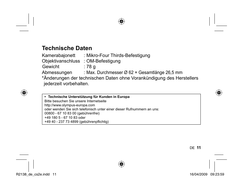 Technische daten | Olympus MF-2 User Manual | Page 9 / 66