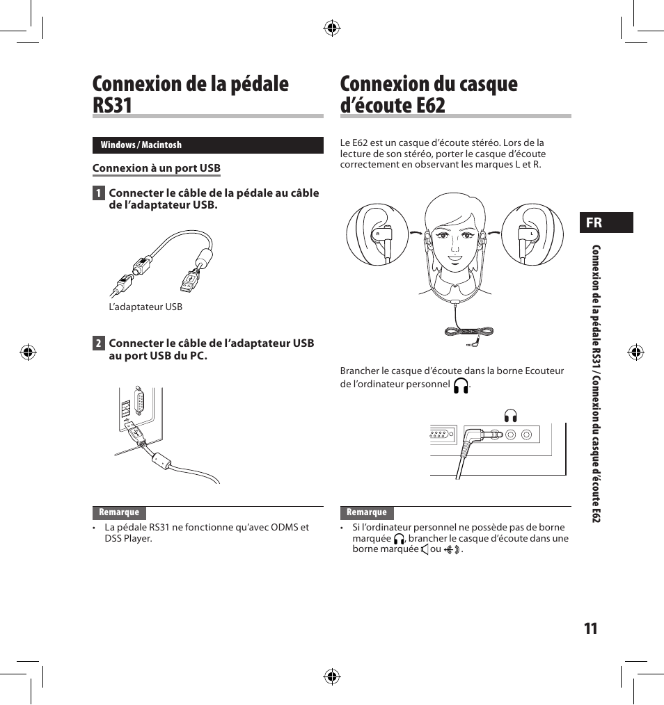 Connexion du casque d’écoute e6, Connexion de la pédale rs1 | Olympus AS-7000 User Manual | Page 11 / 40