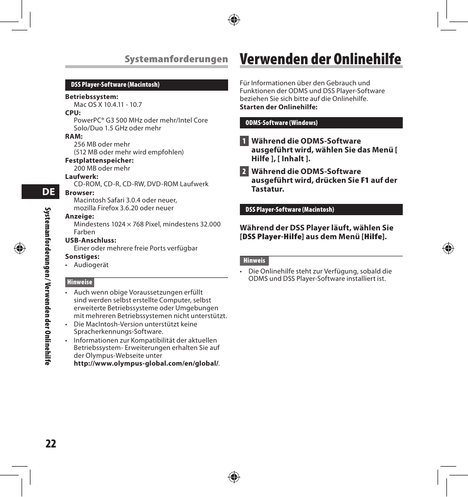 Verwenden der onlinehilfe, Systemanforderungen | Olympus AS-7000 User Manual | Page 22 / 40