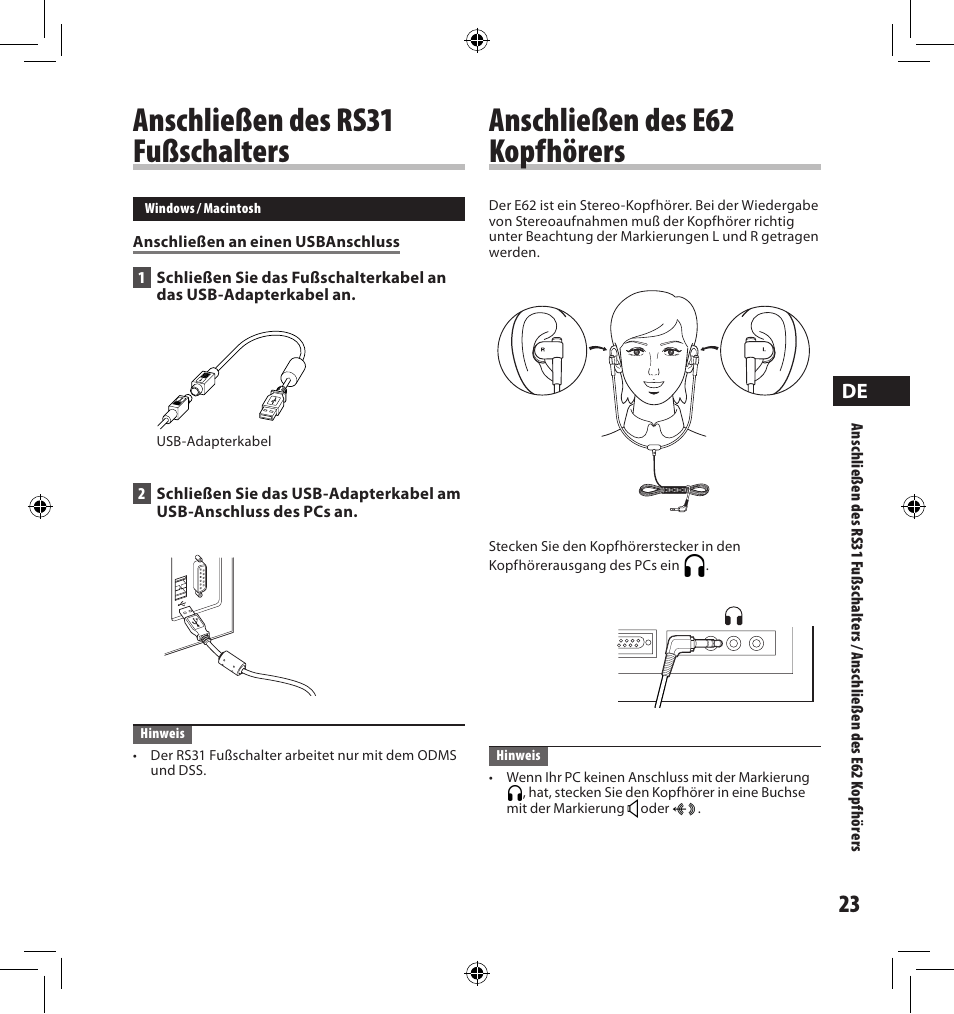 Anschließen des rs1 fußschalters, Anschließen des e6 kopfhörers | Olympus AS-7000 User Manual | Page 23 / 40