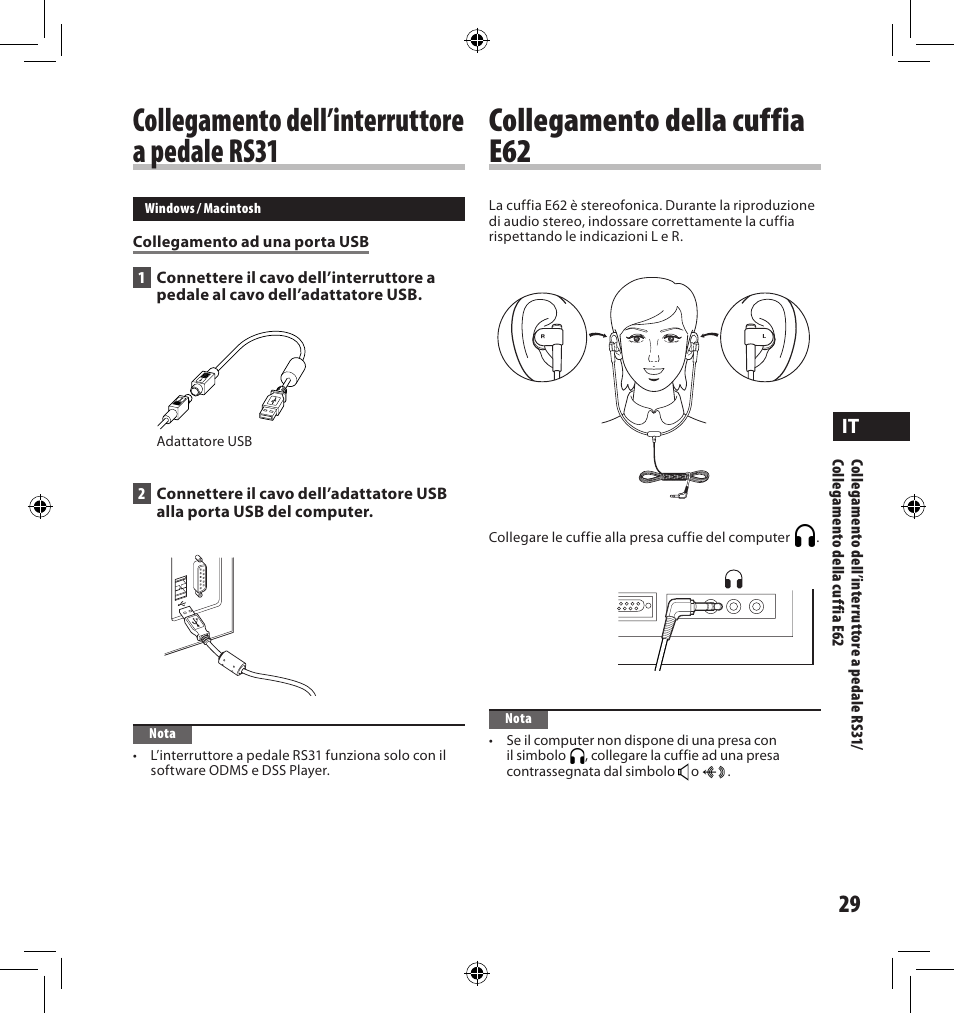 Collegamento dell’interruttore a pedale rs1, Collegamento della cuffia e6 | Olympus AS-7000 User Manual | Page 29 / 40