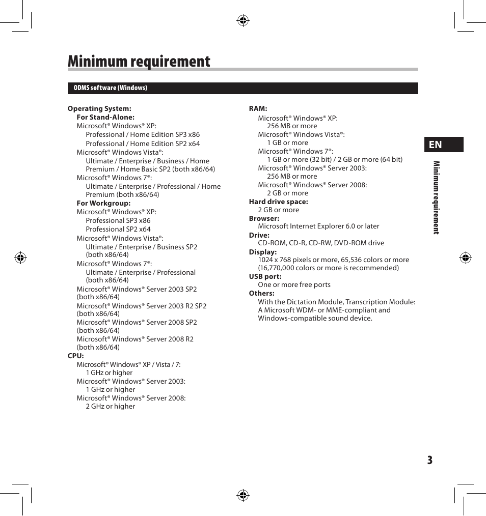 Minimum requirement | Olympus AS-7000 User Manual | Page 3 / 40