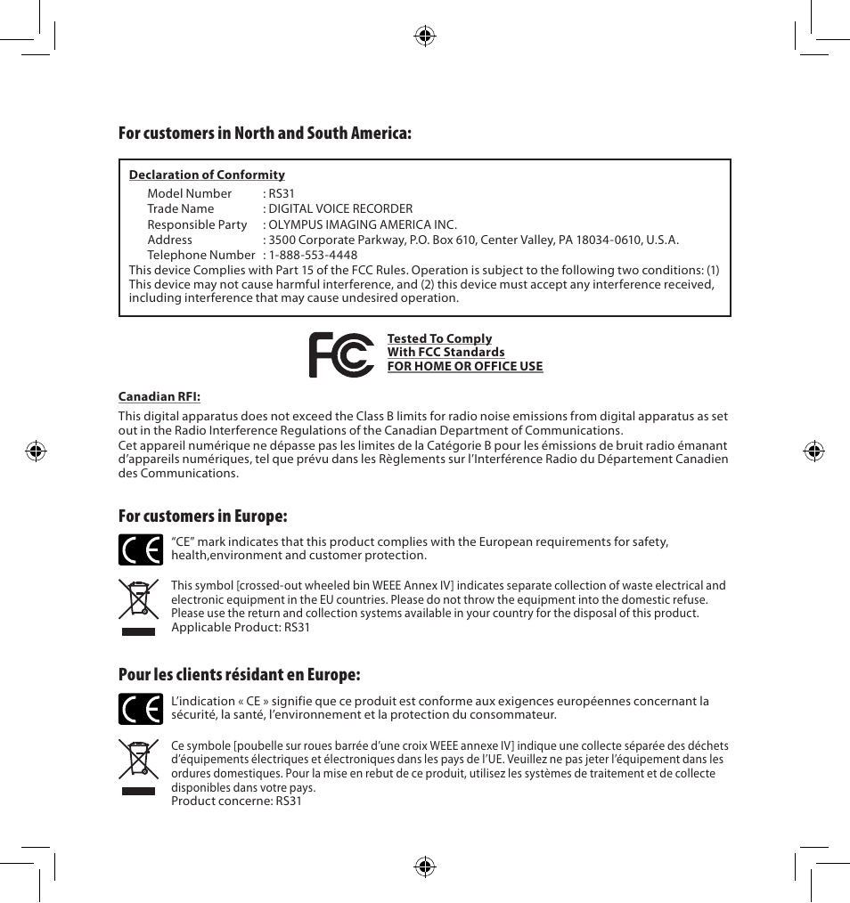 Pour les clients résidant en europe | Olympus AS-7000 User Manual | Page 38 / 40