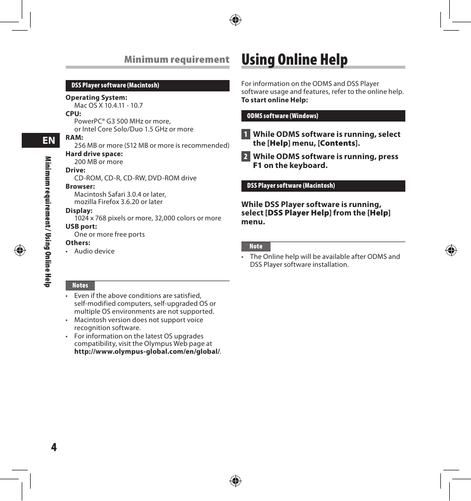 Using online help, Minimum requirement | Olympus AS-7000 User Manual | Page 4 / 40