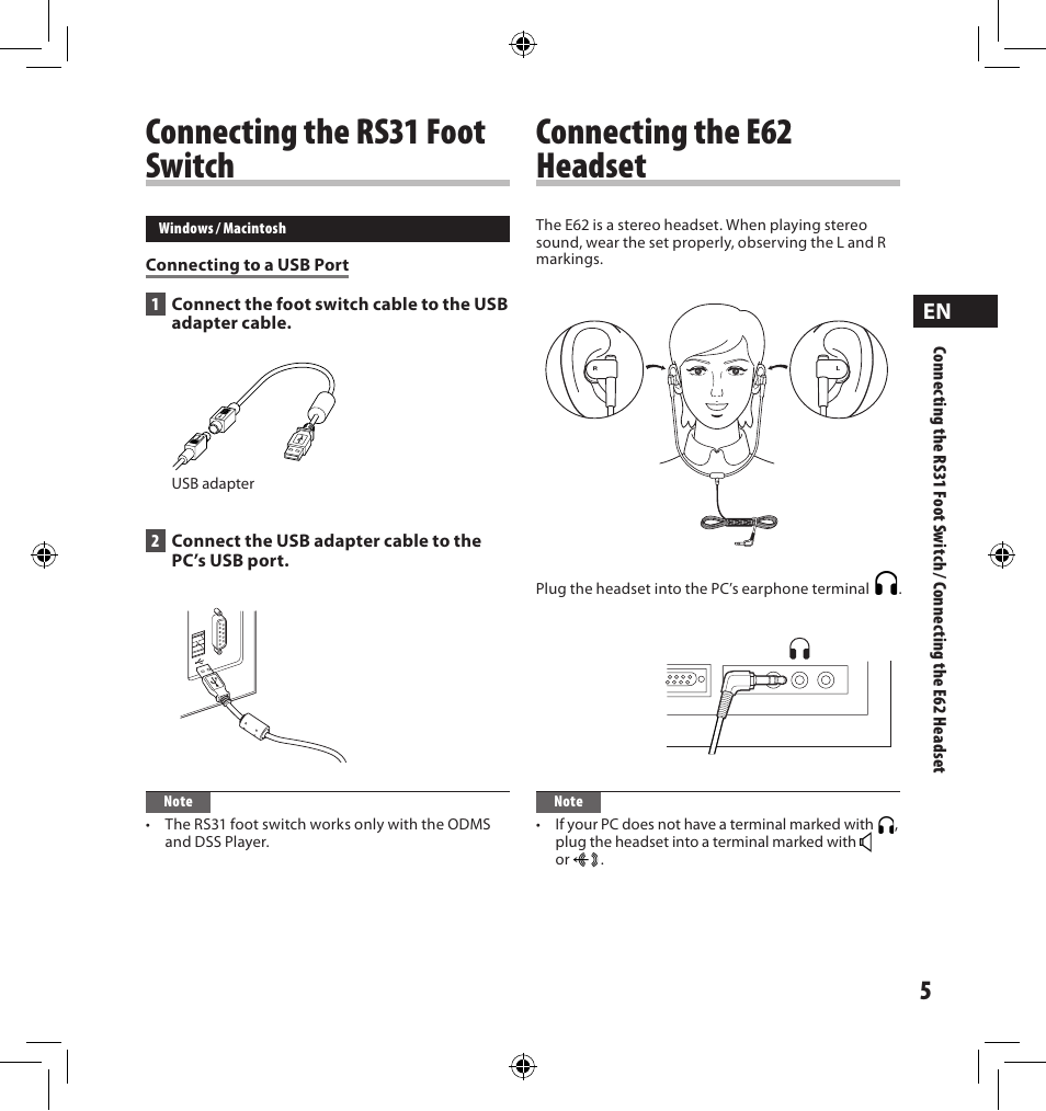 Connecting the e6 headset, Connecting the rs1 foot switch | Olympus AS-7000 User Manual | Page 5 / 40