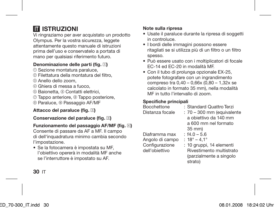 Istruzioni | Olympus ZUIKO DIGITAL ED 70-300mm 1:4.0-5.6 User Manual | Page 28 / 58