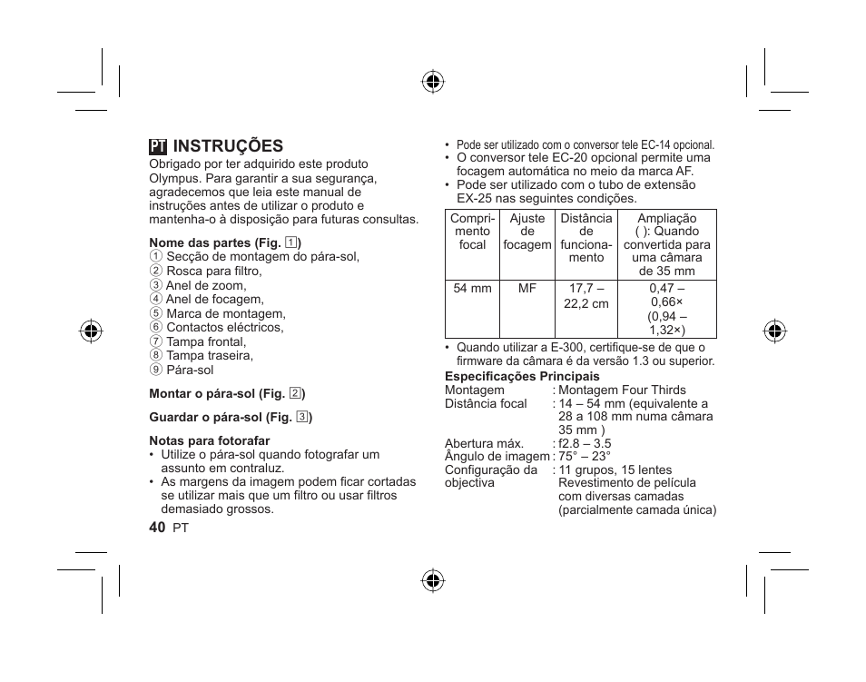 L1023_pt_cs2e.pdf, Instruções | Olympus ZUIKO DIGITAL 14-54mm 1:2.8-3.5 II User Manual | Page 38 / 58