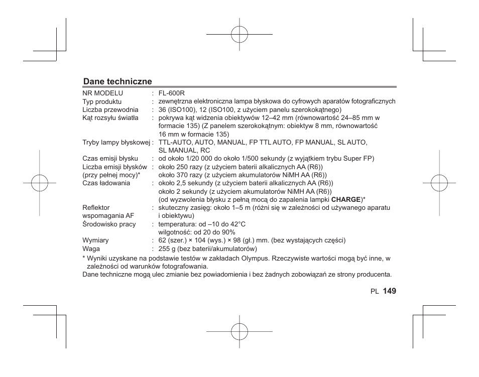 Dane techniczne | Olympus FL-600R User Manual | Page 147 / 186