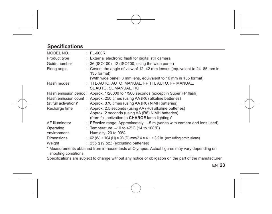 Specifi cations | Olympus FL-600R User Manual | Page 21 / 186