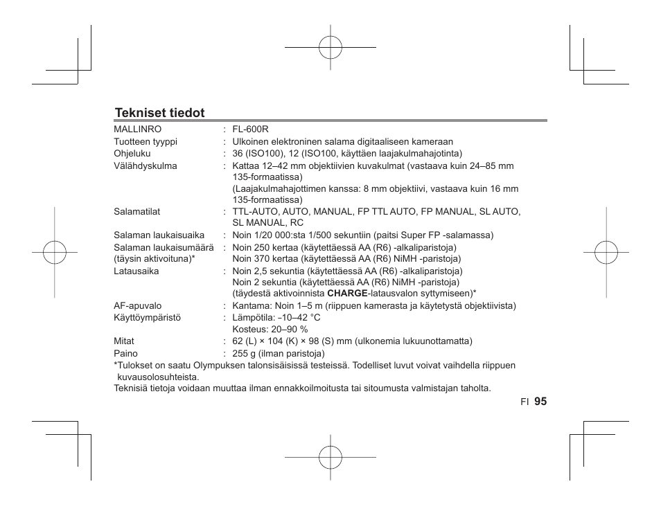 Tekniset tiedot | Olympus FL-600R User Manual | Page 93 / 186