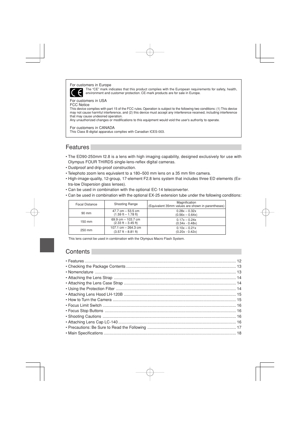 Contents features | Olympus ZUIKO DIGITAL ED 90-250mm 1:2.8 User Manual | Page 2 / 10