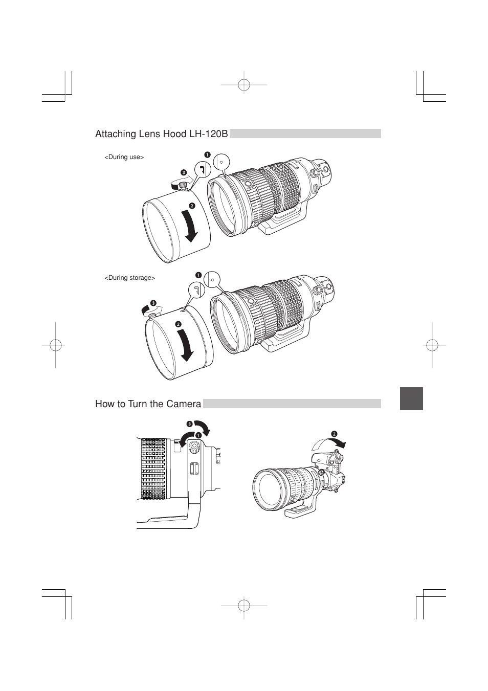 Attaching lens hood lh-120b, How to turn the camera | Olympus ZUIKO DIGITAL ED 90-250mm 1:2.8 User Manual | Page 5 / 10