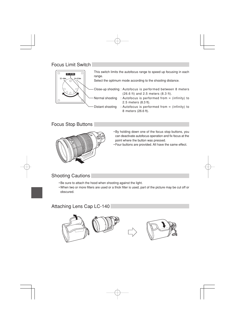 Focus limit switch, Focus stop buttons, Shooting cautions | Attaching lens cap lc-140 | Olympus ZUIKO DIGITAL ED 90-250mm 1:2.8 User Manual | Page 6 / 10