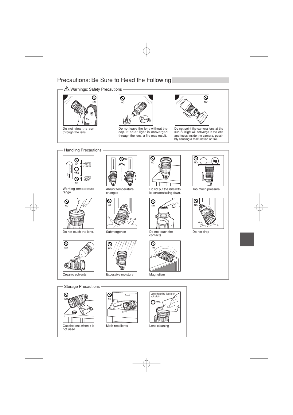 Precautions: be sure to read the following | Olympus ZUIKO DIGITAL ED 90-250mm 1:2.8 User Manual | Page 7 / 10