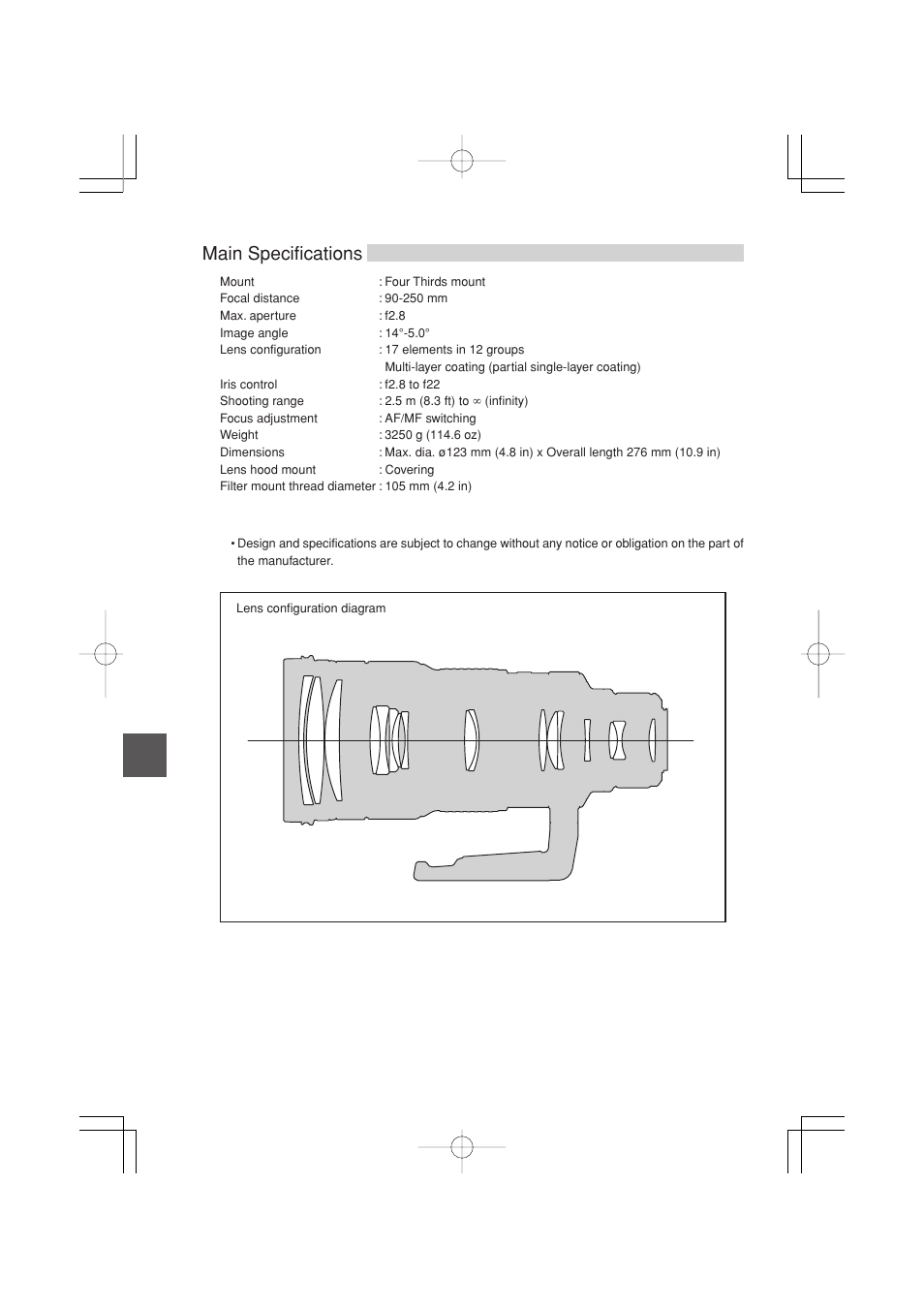 Main specifications | Olympus ZUIKO DIGITAL ED 90-250mm 1:2.8 User Manual | Page 8 / 10