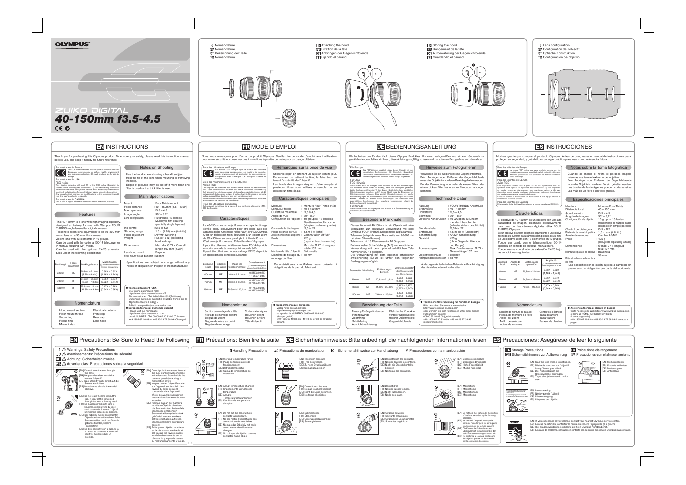 Olympus ZUIKO DIGITAL 40-150mm 1:3.5-4.5 User Manual | 1 page