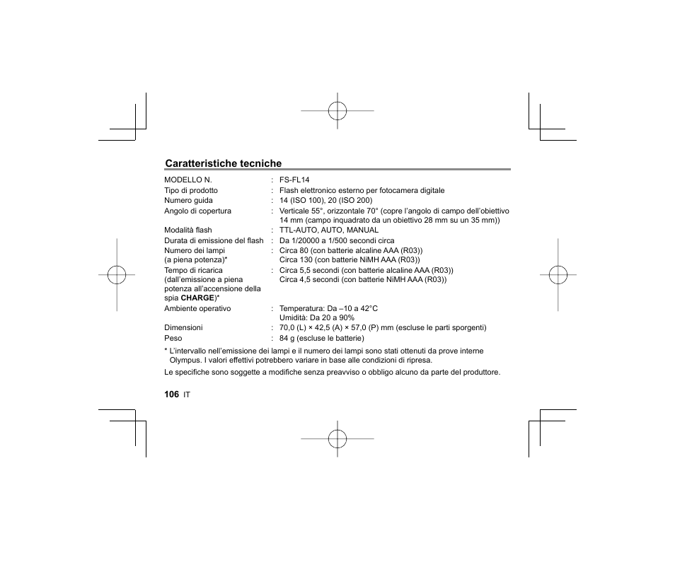 Caratteristiche tecniche | Olympus FL-14 User Manual | Page 104 / 162