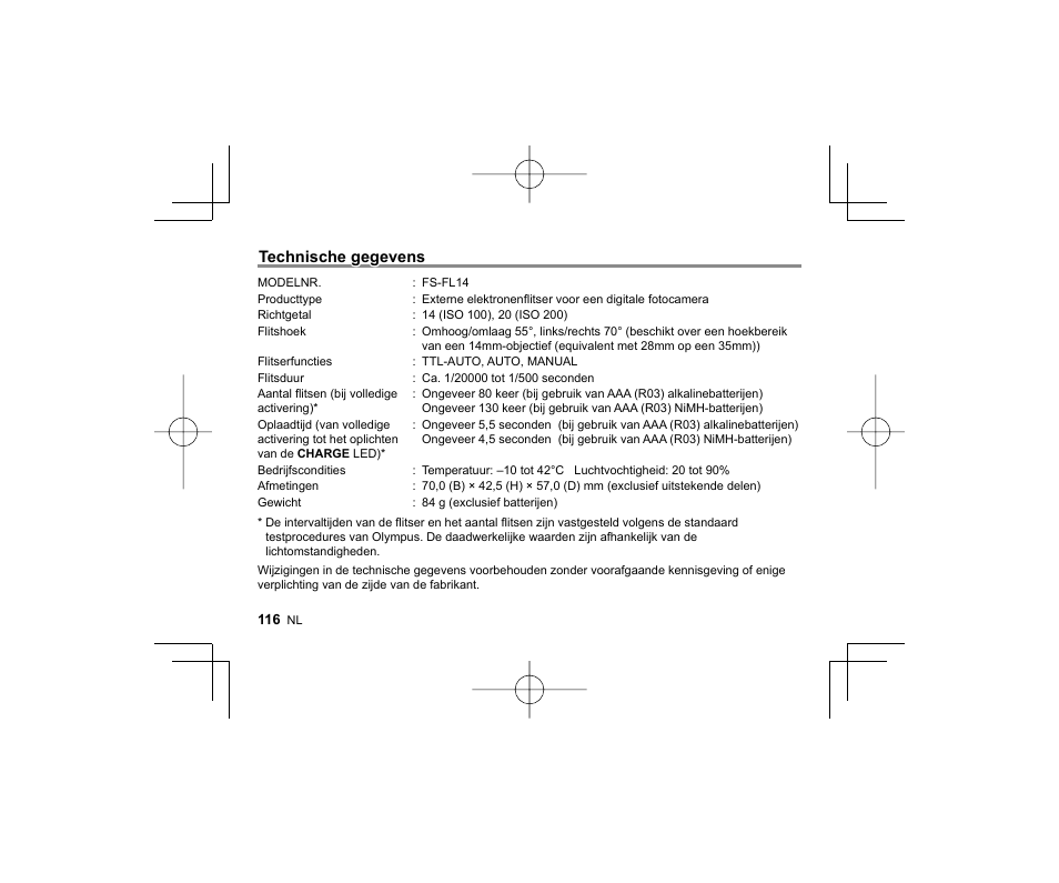 Technische gegevens | Olympus FL-14 User Manual | Page 114 / 162