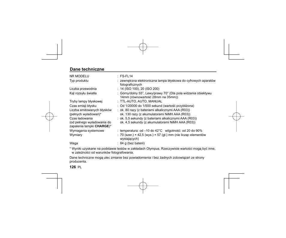 Dane techniczne | Olympus FL-14 User Manual | Page 124 / 162