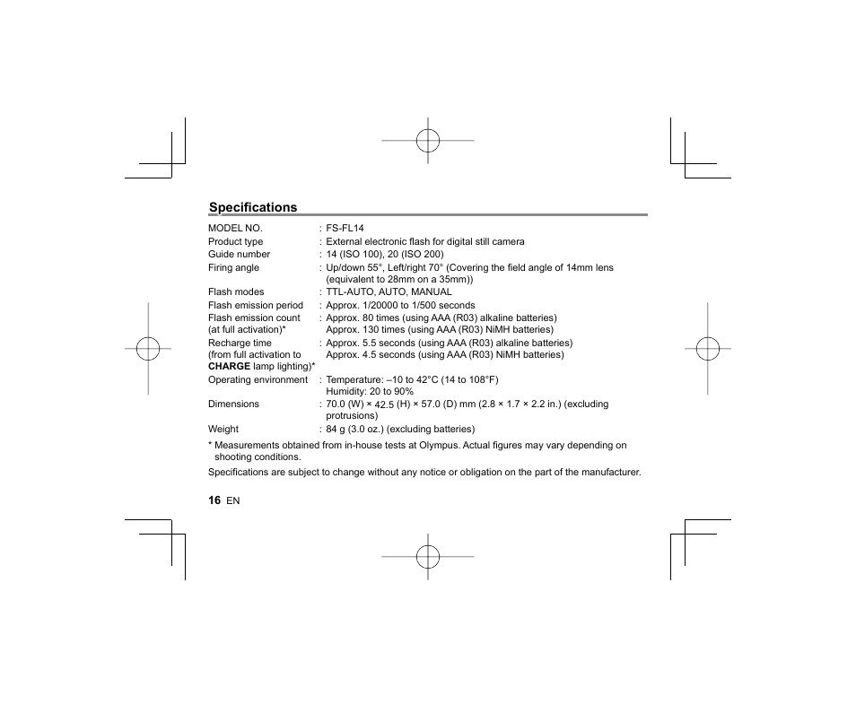 Specifi cations | Olympus FL-14 User Manual | Page 14 / 162