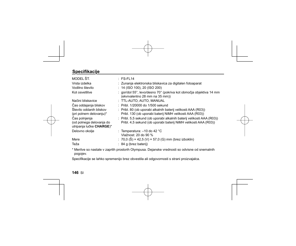 Specifi kacije | Olympus FL-14 User Manual | Page 144 / 162