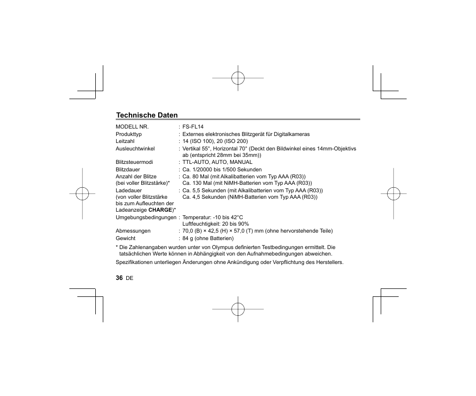 Technische daten | Olympus FL-14 User Manual | Page 34 / 162