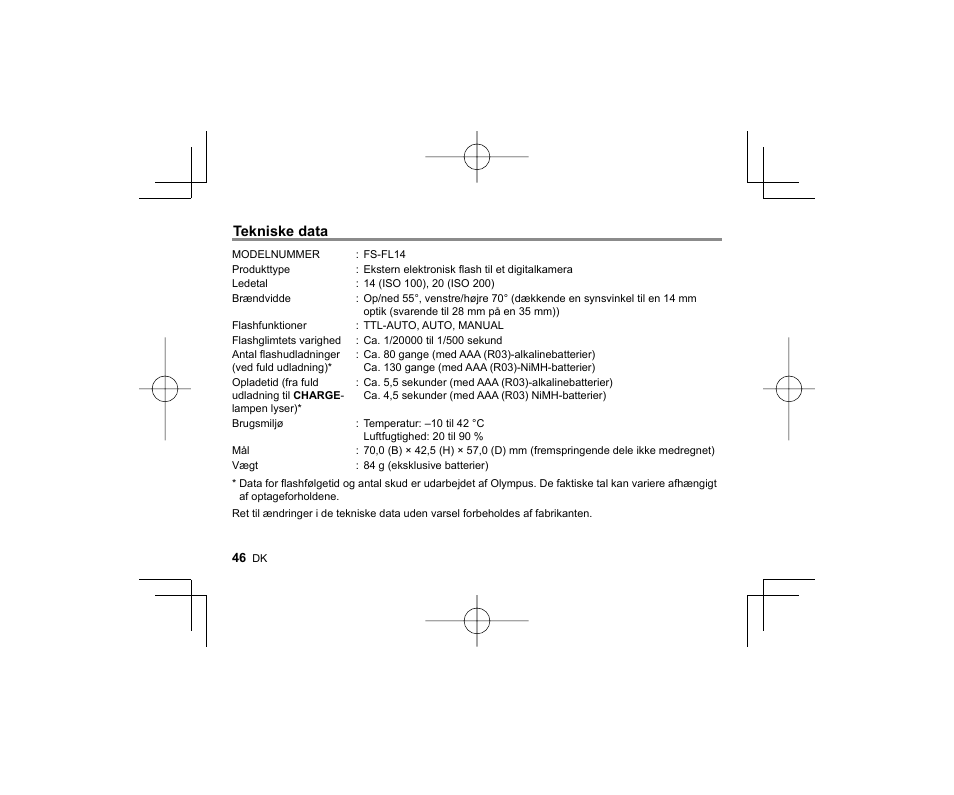 Tekniske data | Olympus FL-14 User Manual | Page 44 / 162