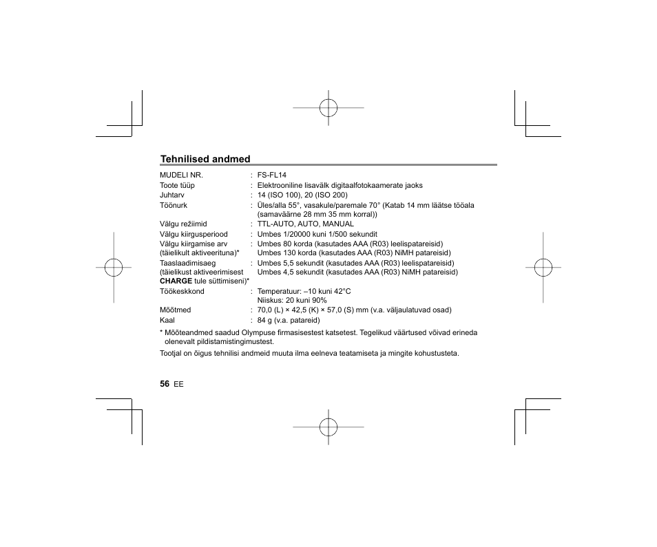 Tehnilised andmed | Olympus FL-14 User Manual | Page 54 / 162