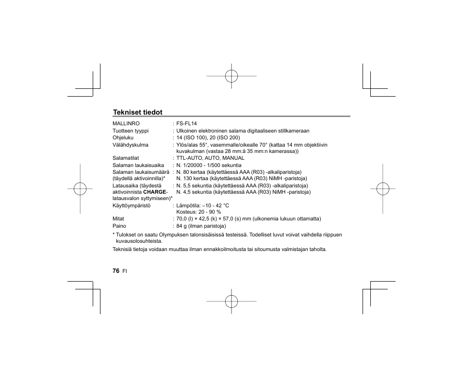 Tekniset tiedot | Olympus FL-14 User Manual | Page 74 / 162