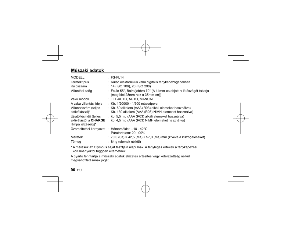 Műszaki adatok | Olympus FL-14 User Manual | Page 94 / 162
