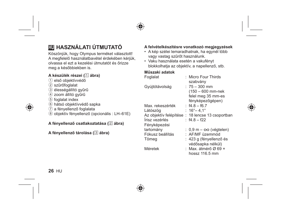 12_l1045_e_hu.indd, Használati útmutató | Olympus M.ZUIKO DIGITAL ED 75-300mm 1:4.8-6.7 II User Manual | Page 24 / 58