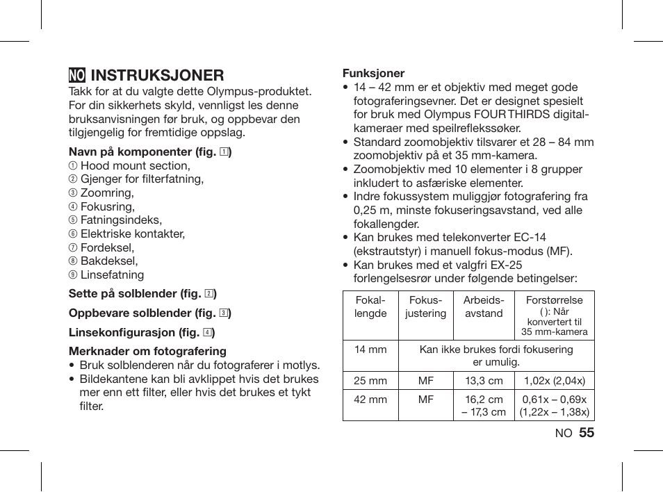 Instruksjoner | Olympus ZUIKO DIGITAL ED 14-42mm 1:3.5-5.6 User Manual | Page 53 / 86