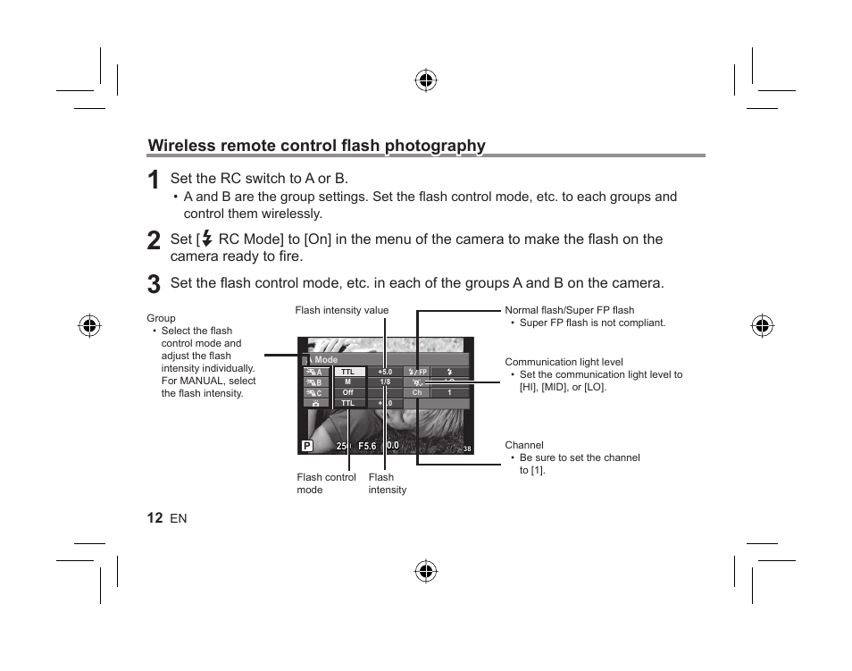 Wireless remote control fl ash photography, Set the rc switch to a or b, Set the fl ash control mode | Etc. in each of the groups a and b on the camera | Olympus FL-300R User Manual | Page 10 / 162