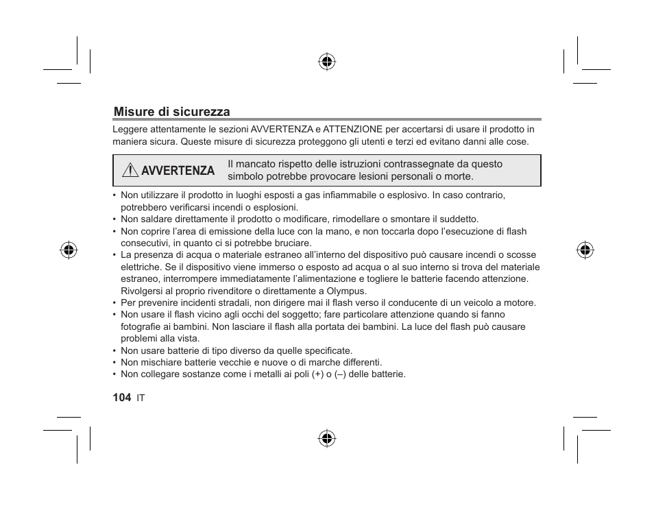 Misure di sicurezza, Avvertenza | Olympus FL-300R User Manual | Page 102 / 162