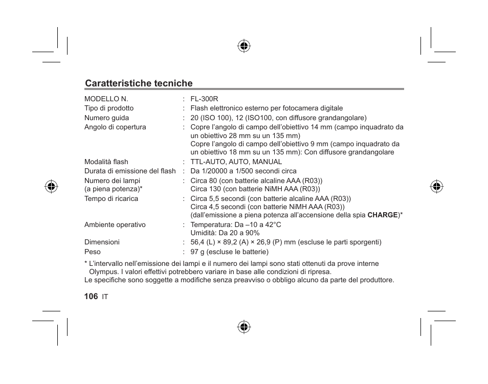 Caratteristiche tecniche | Olympus FL-300R User Manual | Page 104 / 162