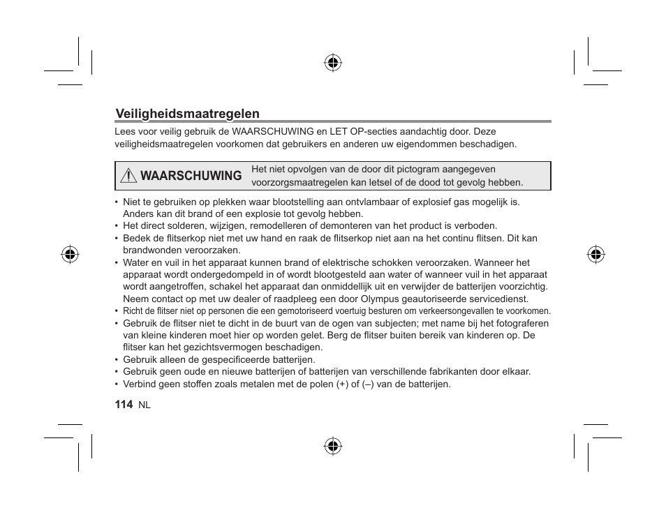 Veiligheidsmaatregelen, Waarschuwing | Olympus FL-300R User Manual | Page 112 / 162