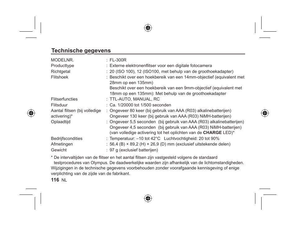 Technische gegevens | Olympus FL-300R User Manual | Page 114 / 162